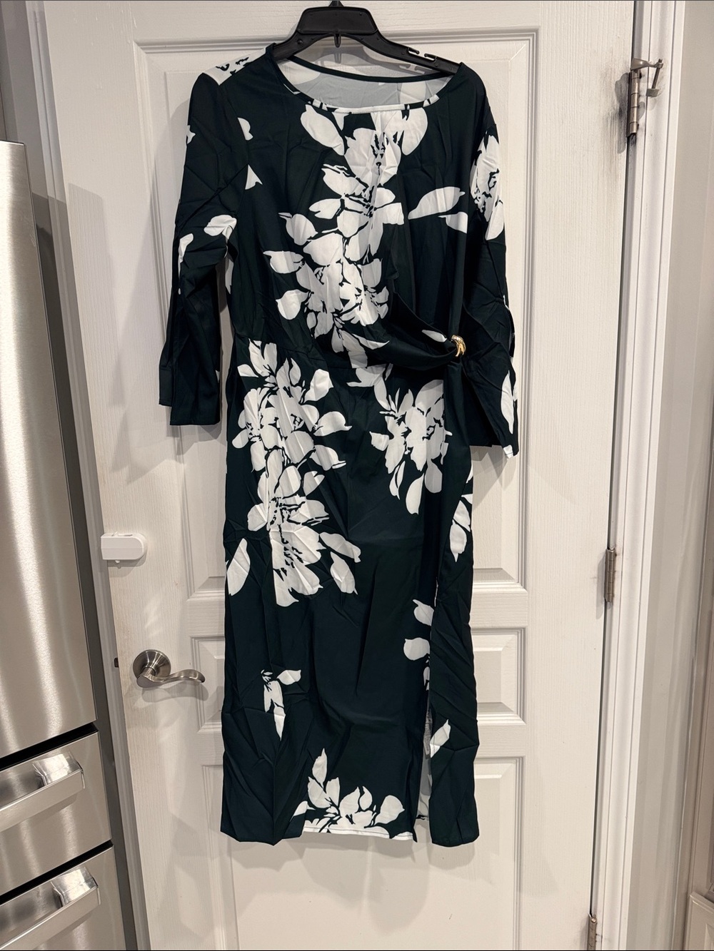 SHEIN Dark Teal Midi Dress with White Floral Print and Side Buckle